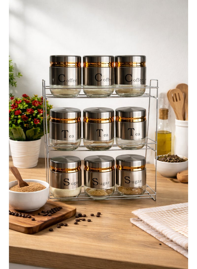 طقم برطمانات توابل من الفولاذ المقاوم للصدأ مع 9 حاويات زجاجية | منظم تخزين مطبخ من 3 طبقات للقهوة والشاي والسكر | رف مقاوم للصدأ بأغطية محكمة الإغلاق